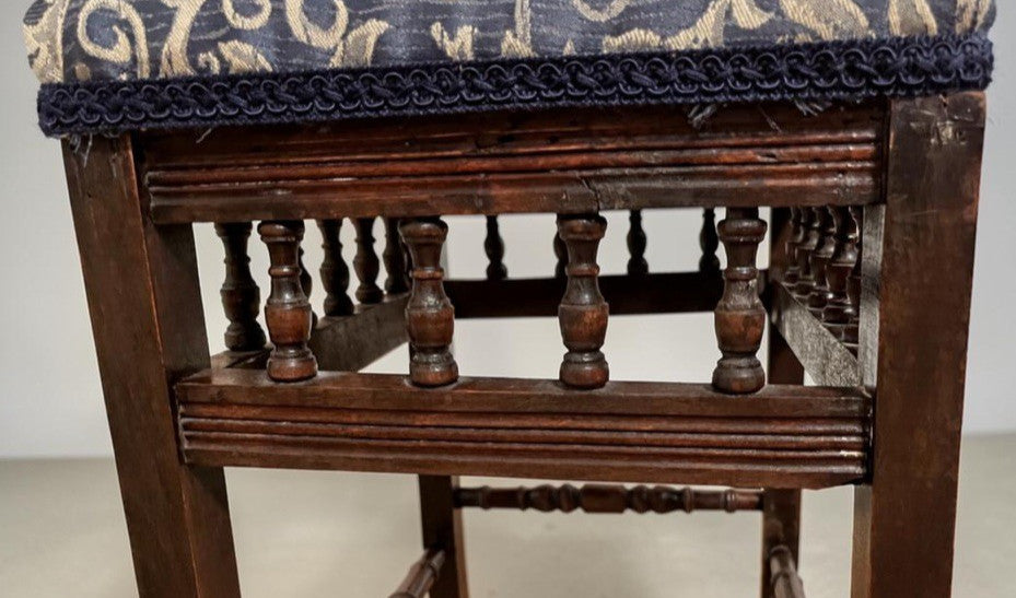 Vintage Upholstered Stool Wooden Frame Turned Legs Spindle Detail 54cm Height
