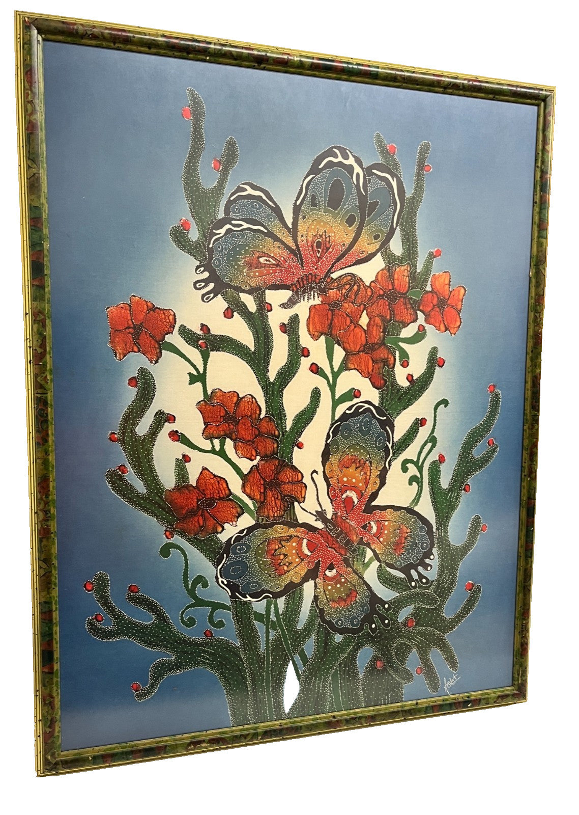 Framed Textile Wall Art Batik Butterflies Flowers 91cm Vintage Fabric Silk Art