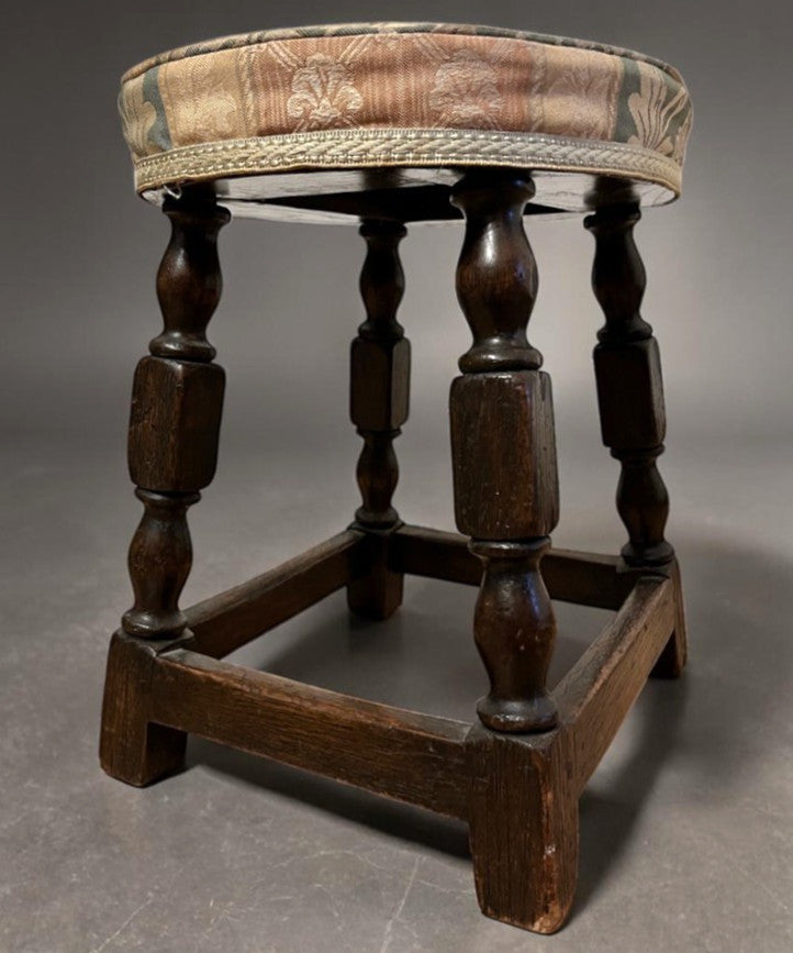 Vintage Oak Stool Rustic Wooden Footstool Turned Legs Aged Patina