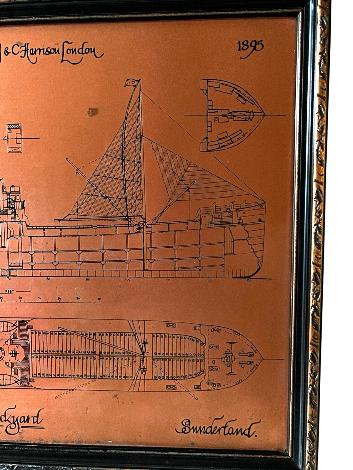 Antique Copper Engraving Ship Plan “S.S. Harbury” Wear Dockyard 1895