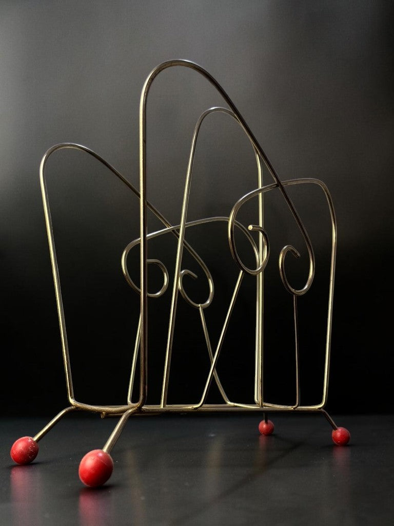 Atomic Wire Magazine Rack Mid Century Metal Record Holder with Red Ball Feet