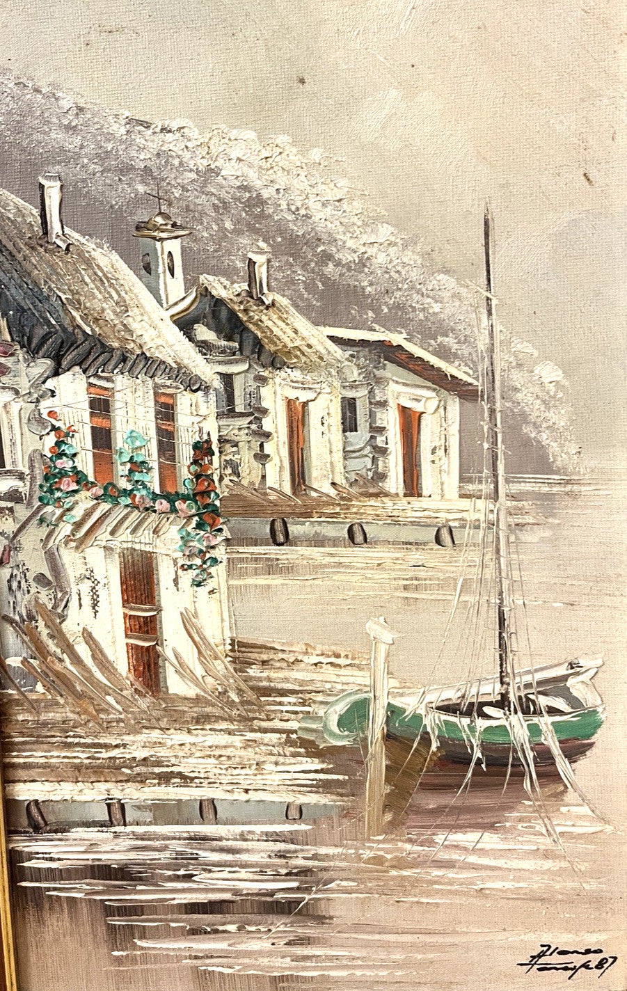 Signed Alonso ’87 Oil Painting Seaside Village Boat Scene Framed 22×36cm