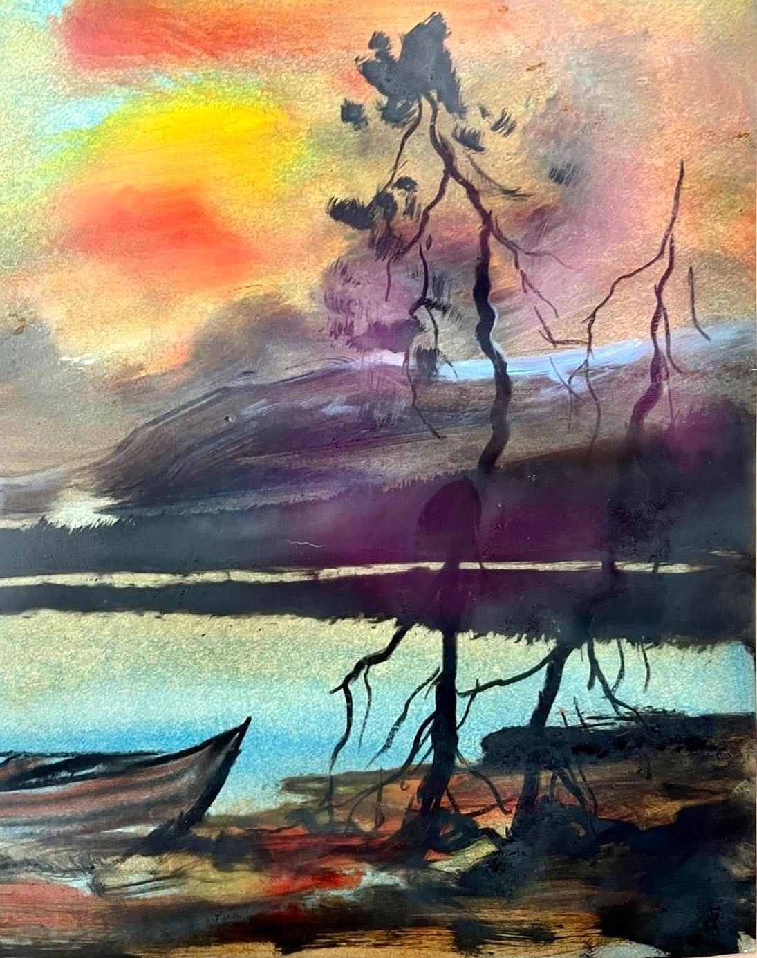 Vintage Watercolour Lake Boat Sunset Landscape Painting Framed Wall Art 49cm