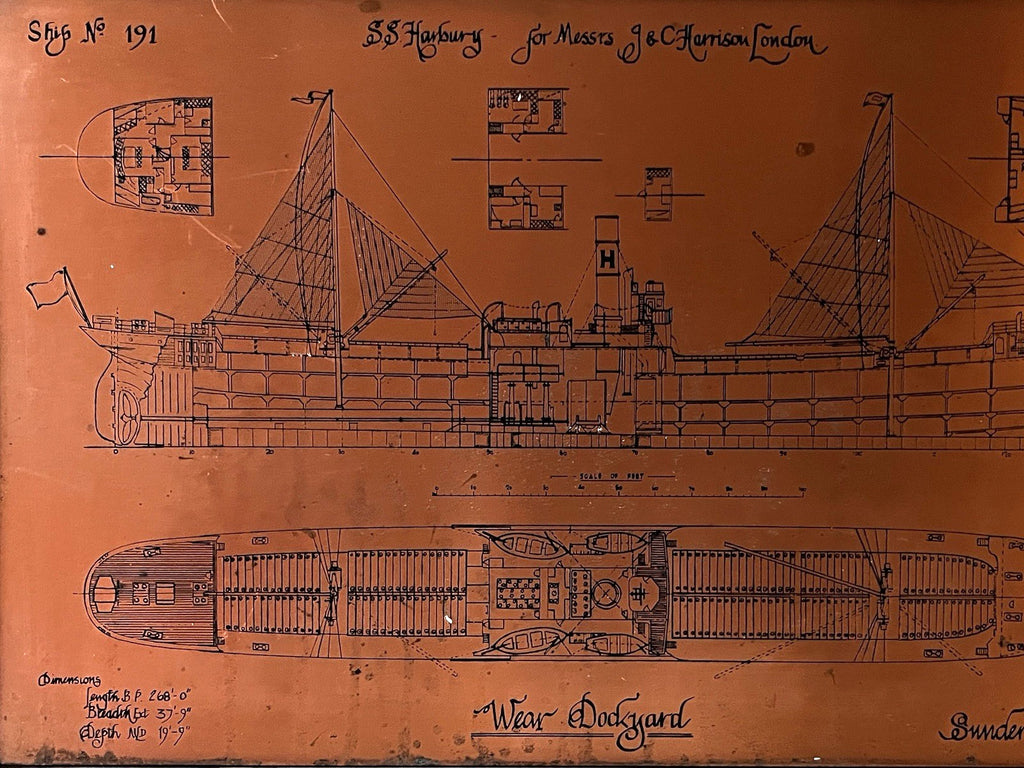 Antique Copper Engraving Ship Plan “S.S. Harbury” Wear Dockyard 1895