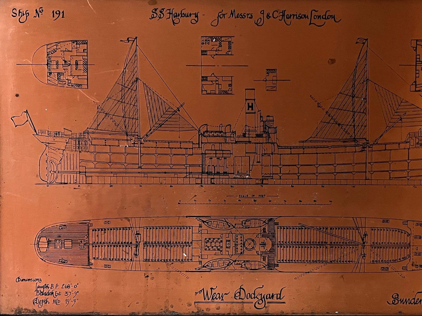 Antique Copper Engraving Ship Plan “S.S. Harbury” Wear Dockyard 1895