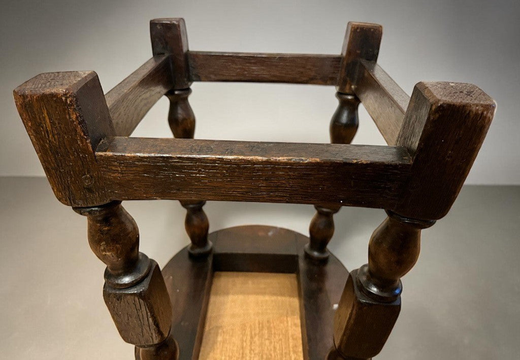 Vintage Oak Stool Rustic Wooden Footstool Turned Legs Aged Patina