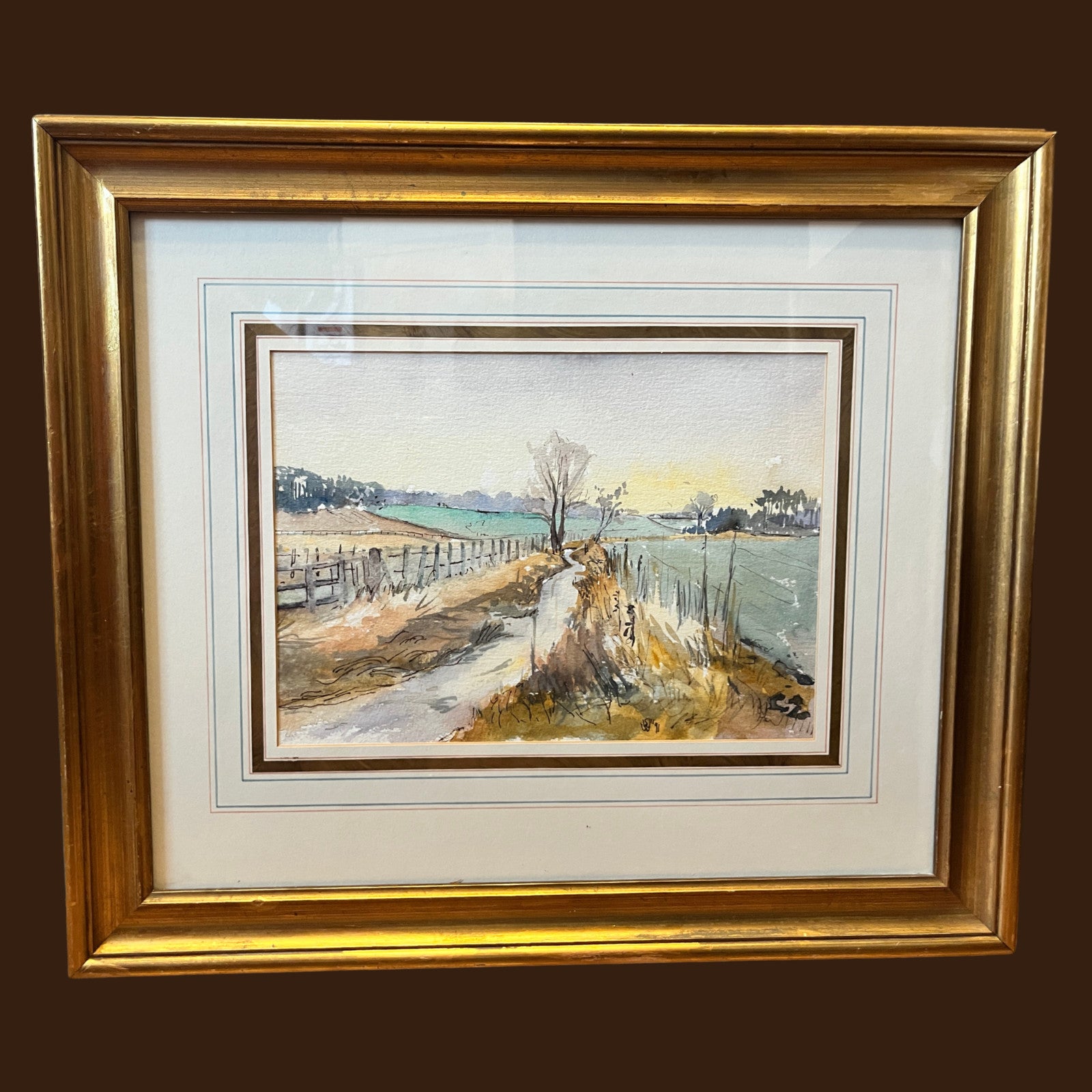 Original Watercolour Landscape Painting Framed Rural Country Lane Signed 1991