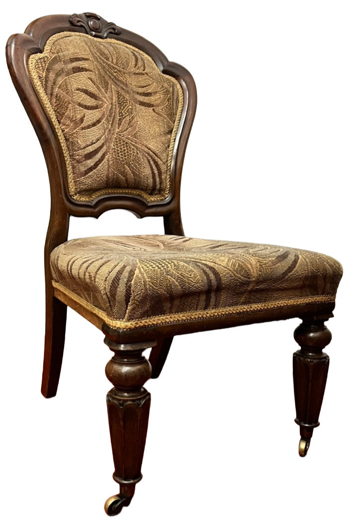 Vintage Upholstered Bedroom Chair Slipper Chair Wooden Carved Brass Castors 92cm