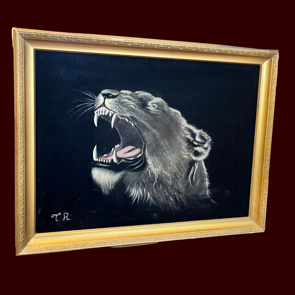 Fantastic vintage black velvet lioness painting bold retro 1970 lounge aesthetic