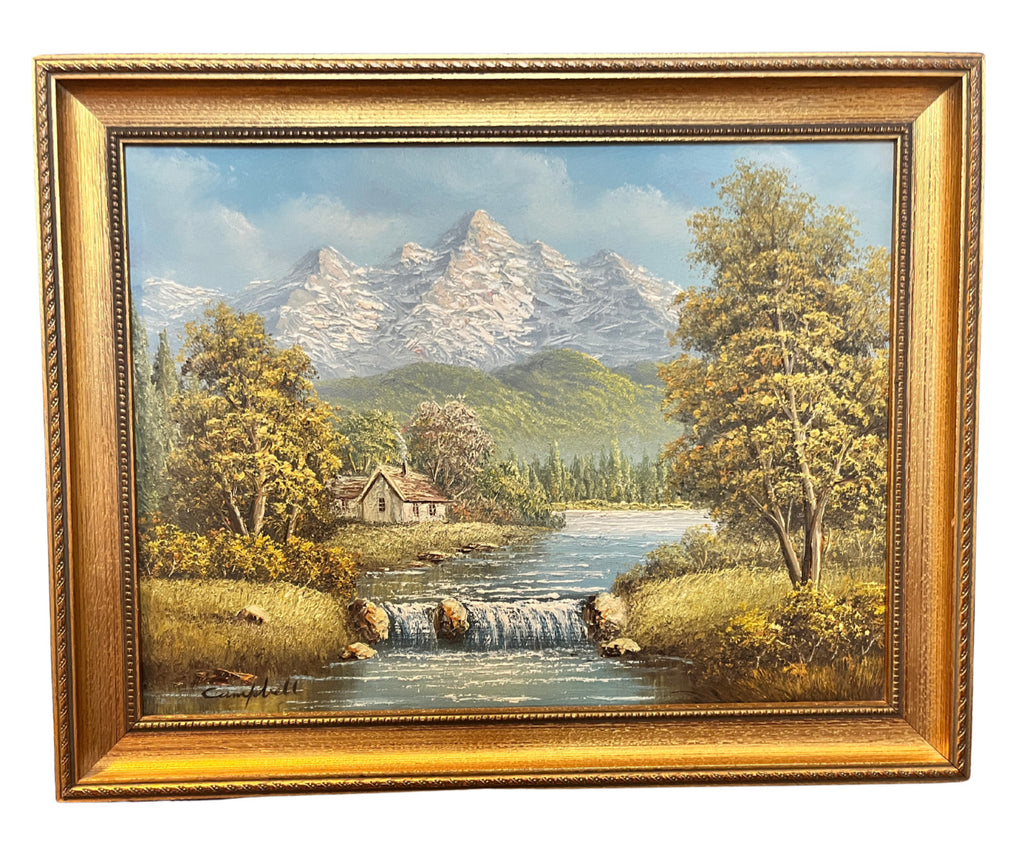 Vintage Oil Painting Mountain Landscape Signed Campbell Gold Gilt Frame 47x37cm