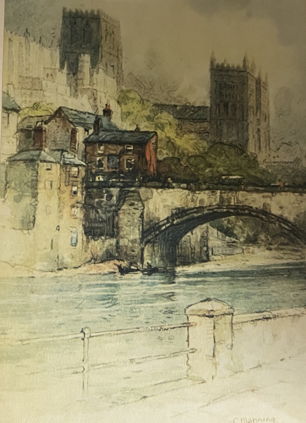 Vintage Framed Print Durham Cathedral C. Manning Signed Matted, Glazed 32x47cm