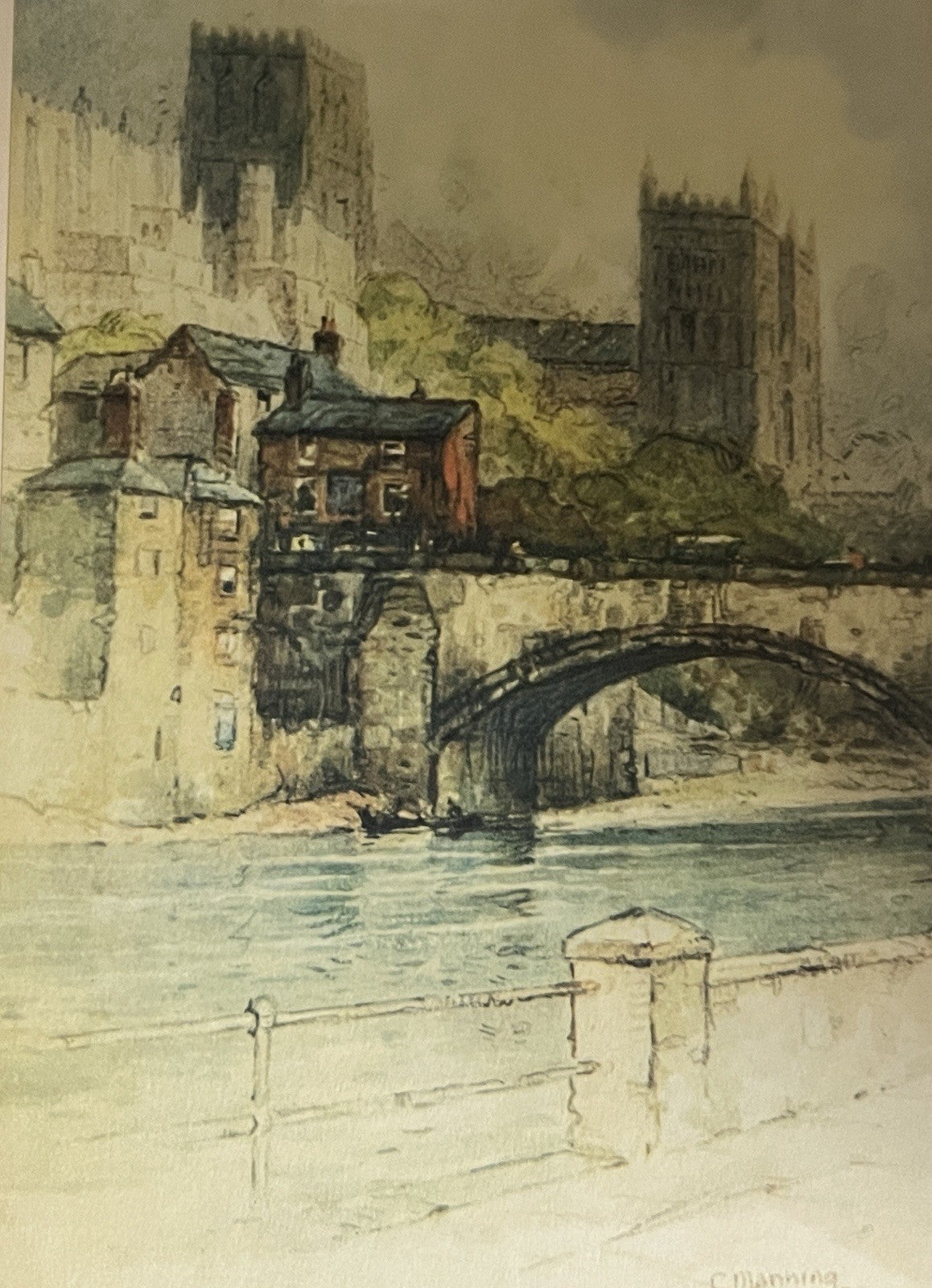 Vintage Framed Print Durham Cathedral C. Manning Signed Matted, Glazed 32x47cm