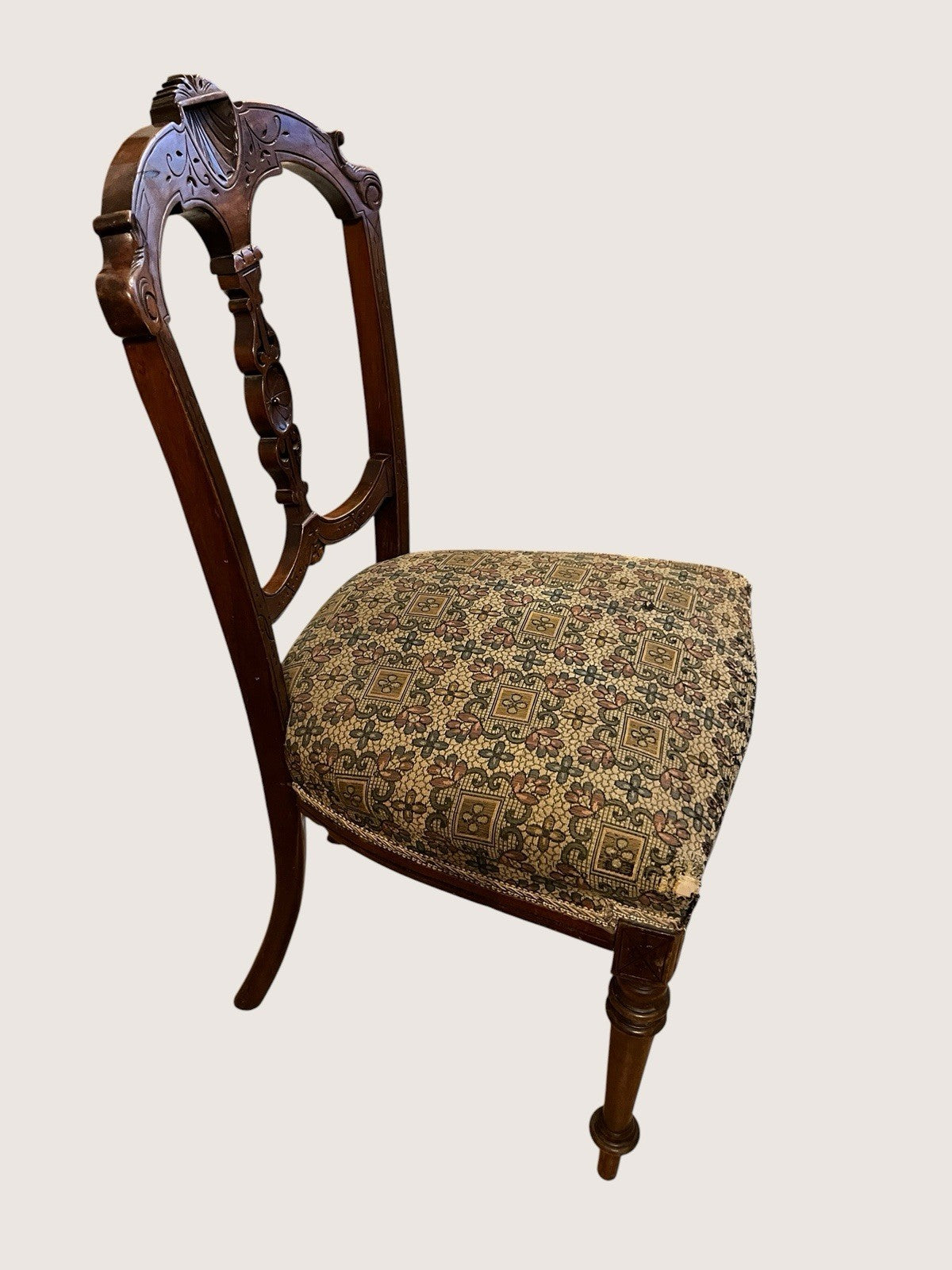 Antique Edwardian Carved Wooden Dining Chair – Upholstered Seat Side Chair