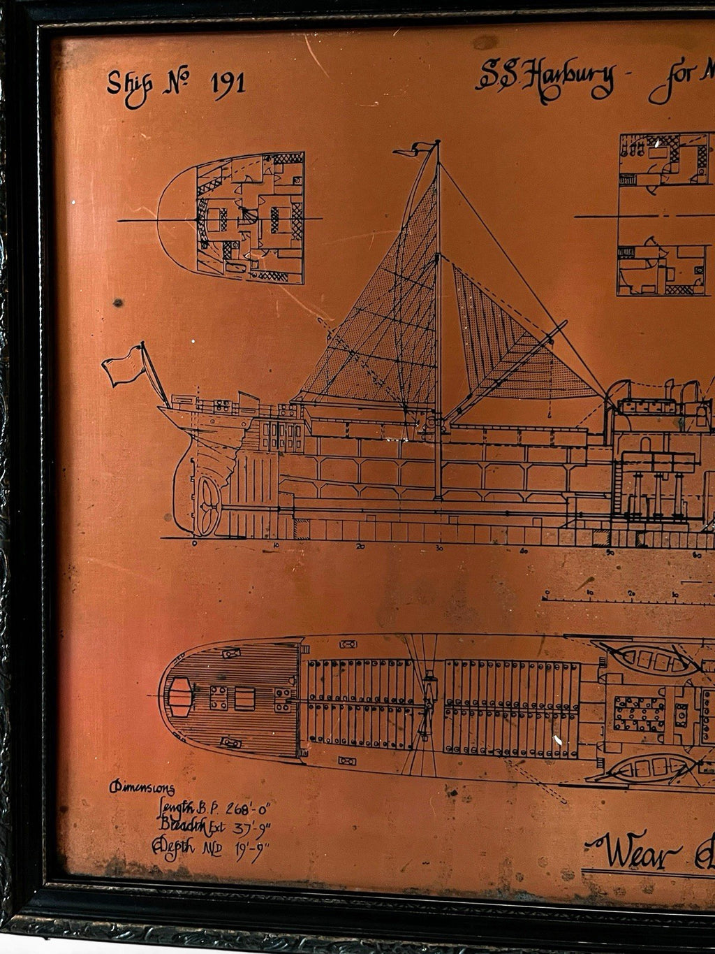 Antique Copper Engraving Ship Plan “S.S. Harbury” Wear Dockyard 1895
