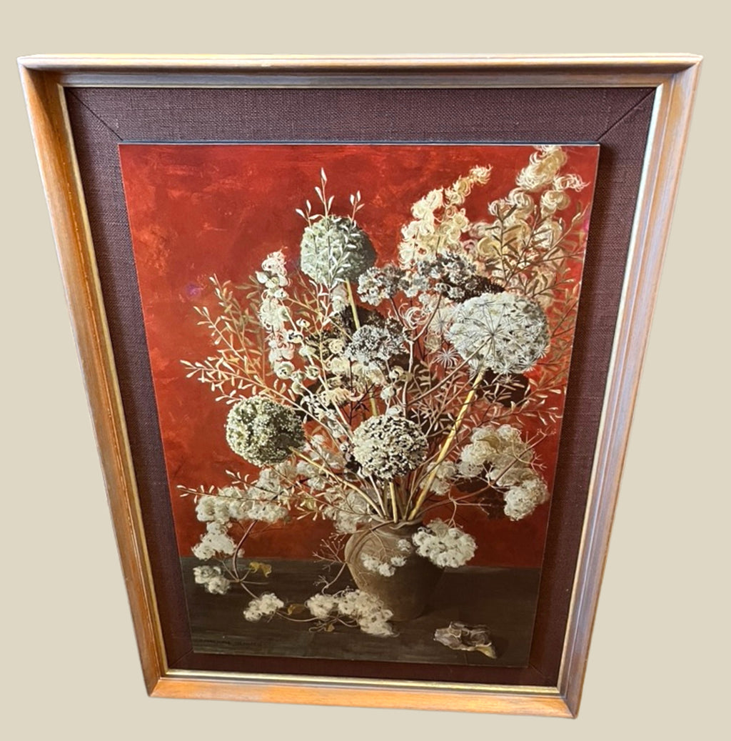 Vintage Marjorie Drawbell Leek Heads Framed Print on Board Mid Century Floral