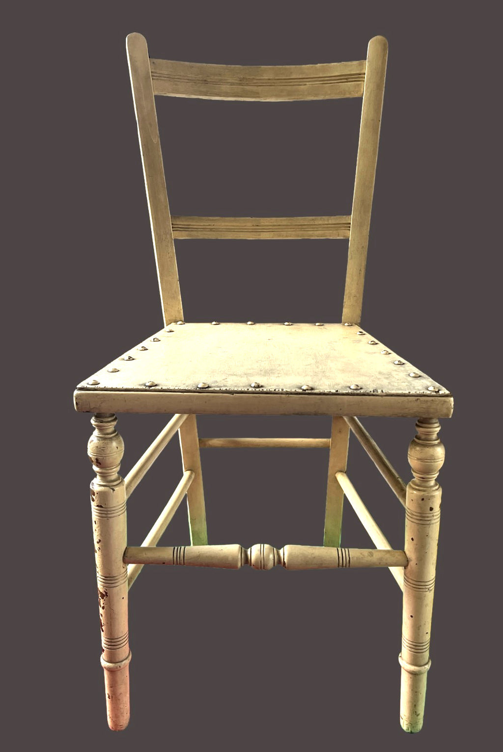 Vintage Rustic Farmhouse Chair Turned Legs Studded Seat 84cm