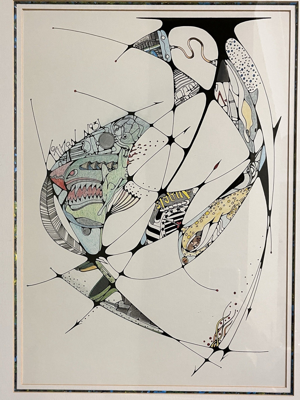 Framed Abstract Drawing Signed Tuzan N93 Colourful Surreal Art Design | 71x58cm