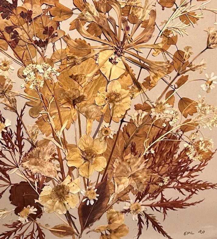 Vintage Pressed Flower Art – Signed EML 1990 – Framed Botanical Wall Art 37x48cm