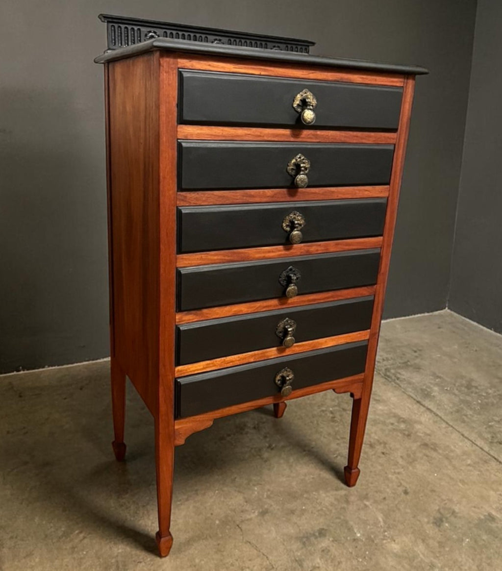 Antique Style 6 Drawer Chest Tallboy Cabinet Black/Wood Jewellery Storage 102cm