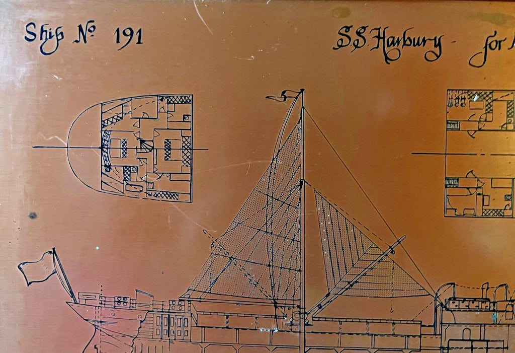 Antique Copper Engraving Ship Plan “S.S. Harbury” Wear Dockyard 1895