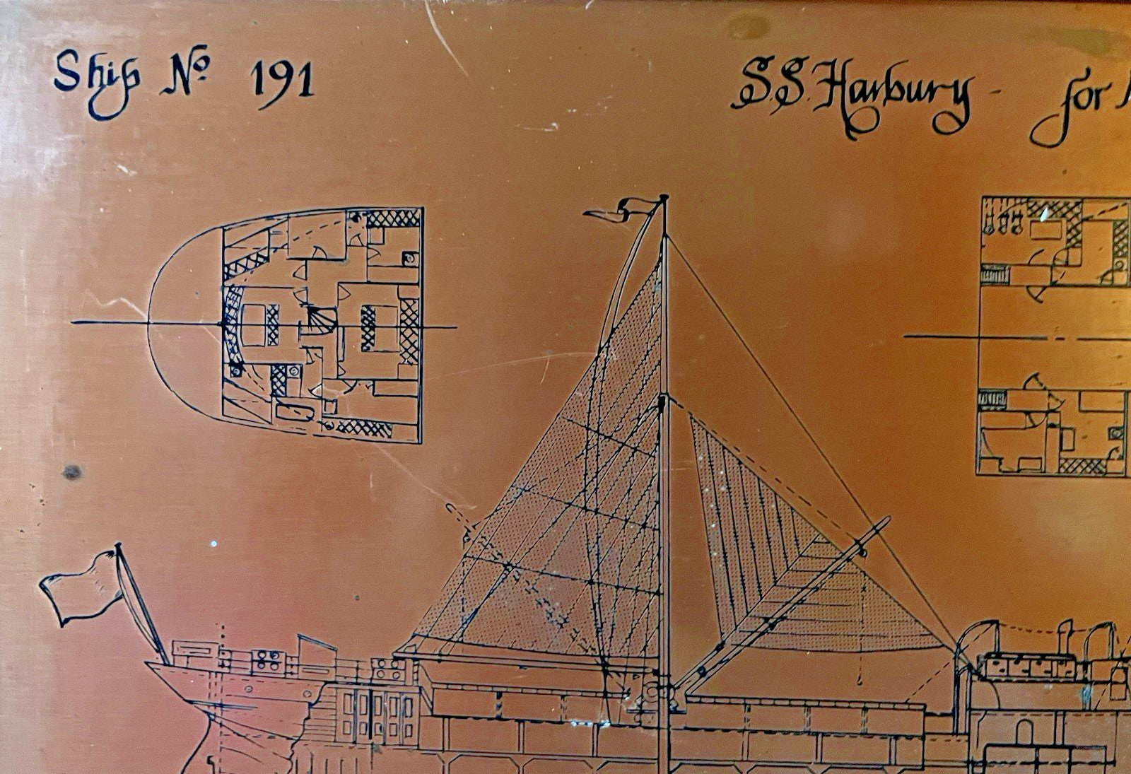 Antique Copper Engraving Ship Plan “S.S. Harbury” Wear Dockyard 1895