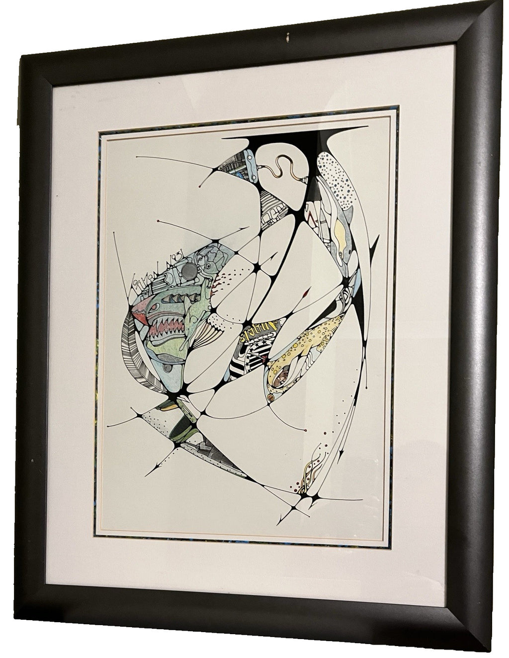Framed Abstract Drawing Signed Tuzan N93 Colourful Surreal Art Design | 71x58cm