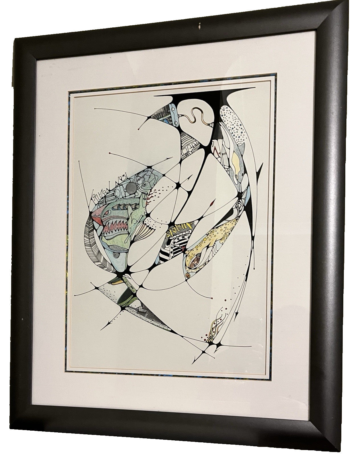 Framed Abstract Drawing Signed Tuzan N93 Colourful Surreal Art Design | 71x58cm