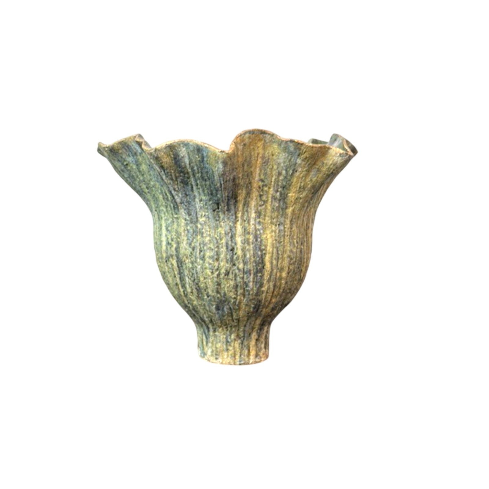 Signed Vintage Handmade Ikebana Handkerchief Pottery Vase Green Sculptural