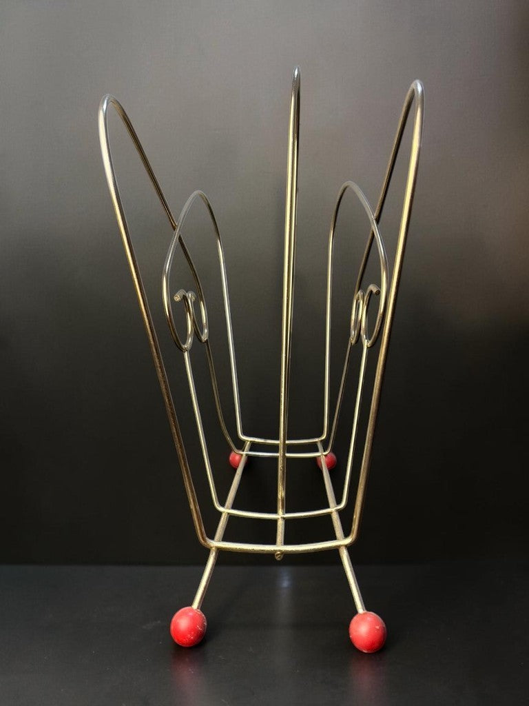 Atomic Wire Magazine Rack Mid Century Metal Record Holder with Red Ball Feet