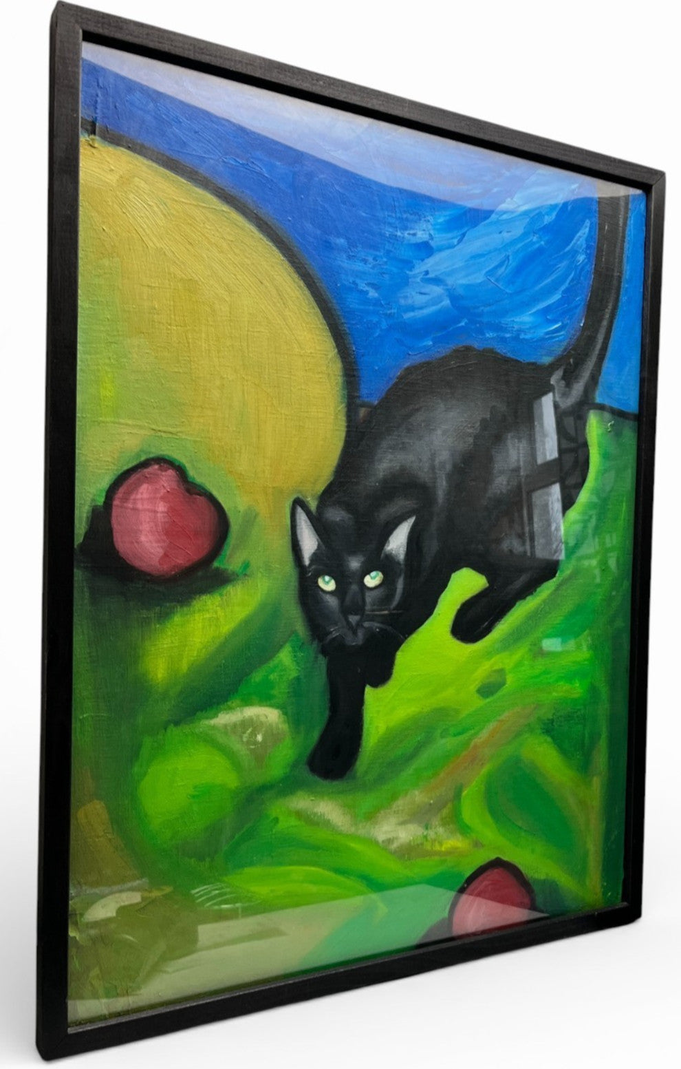 Original Black Cat Acrylic Painting Framed 62x48cm Vintage Art VGC