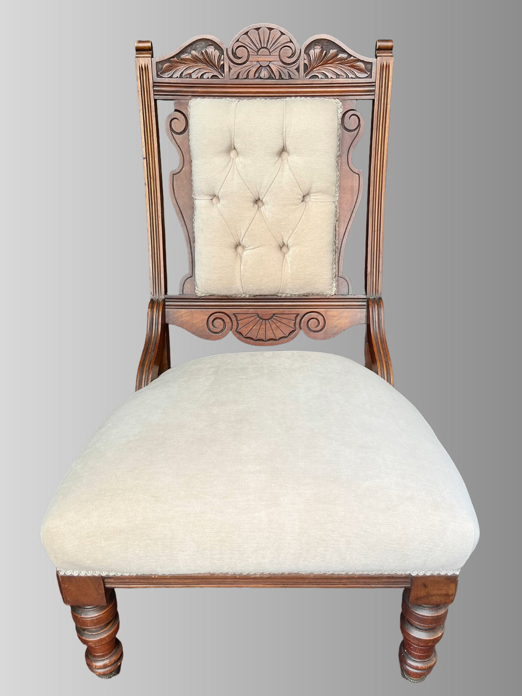 Victorian Mahogany Carved Upholstered Chair Fireside or Bedroom Chair Cream