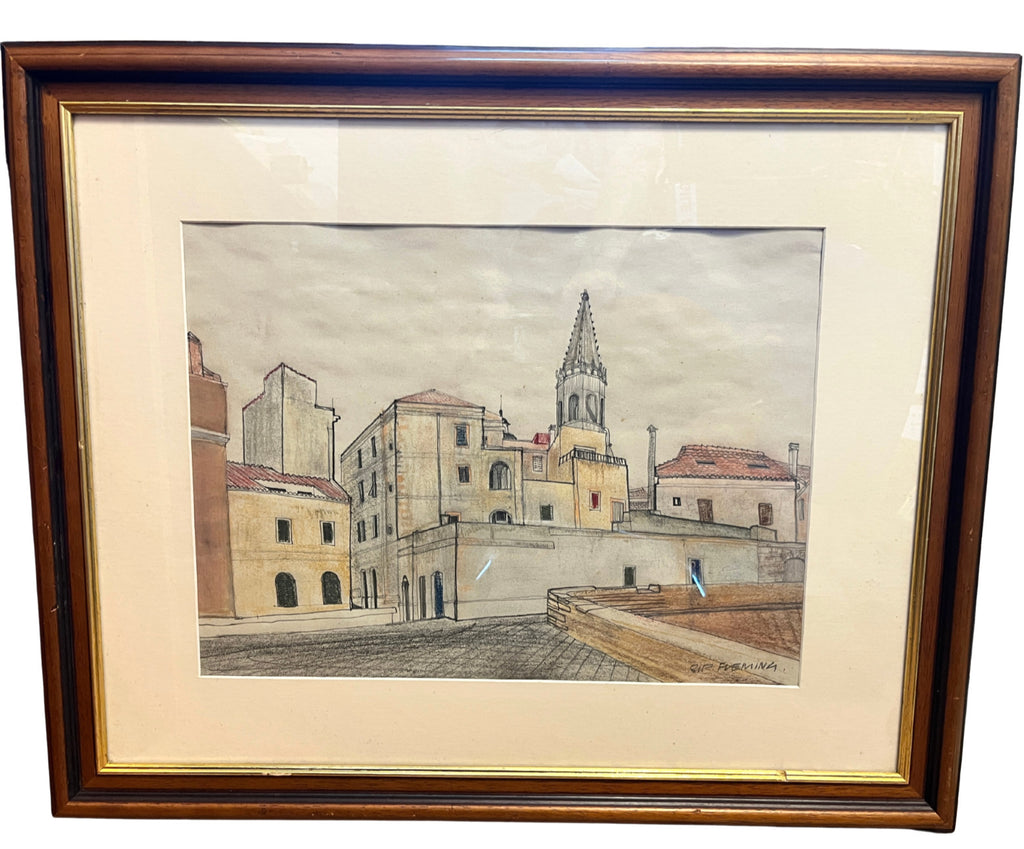 Vintage Rip Fleming Signed Architectural Drawing Framed Artwork 71x58cm