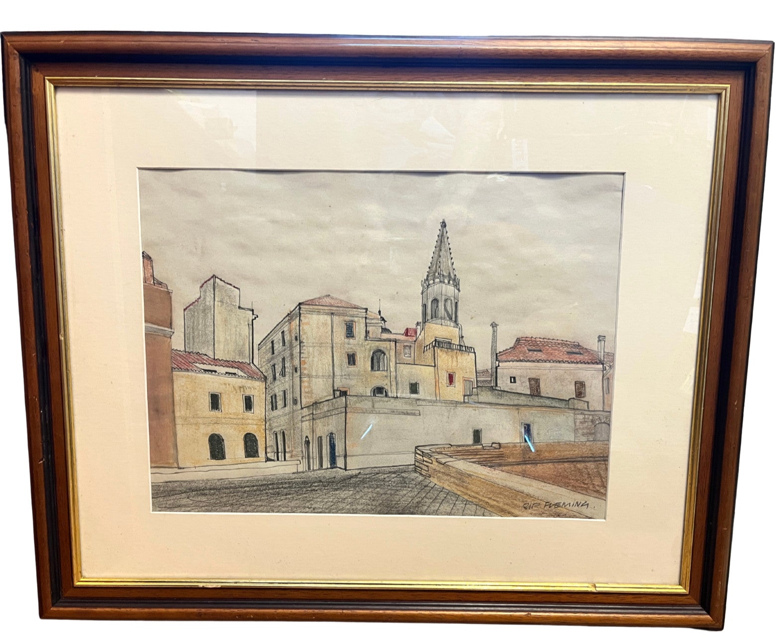 Vintage Rip Fleming Signed Architectural Drawing Framed Artwork 71x58cm