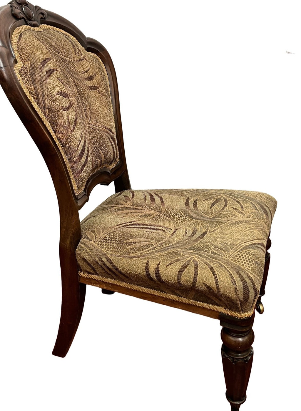Vintage Upholstered Bedroom Chair Slipper Chair Wooden Carved Brass Castors 92cm