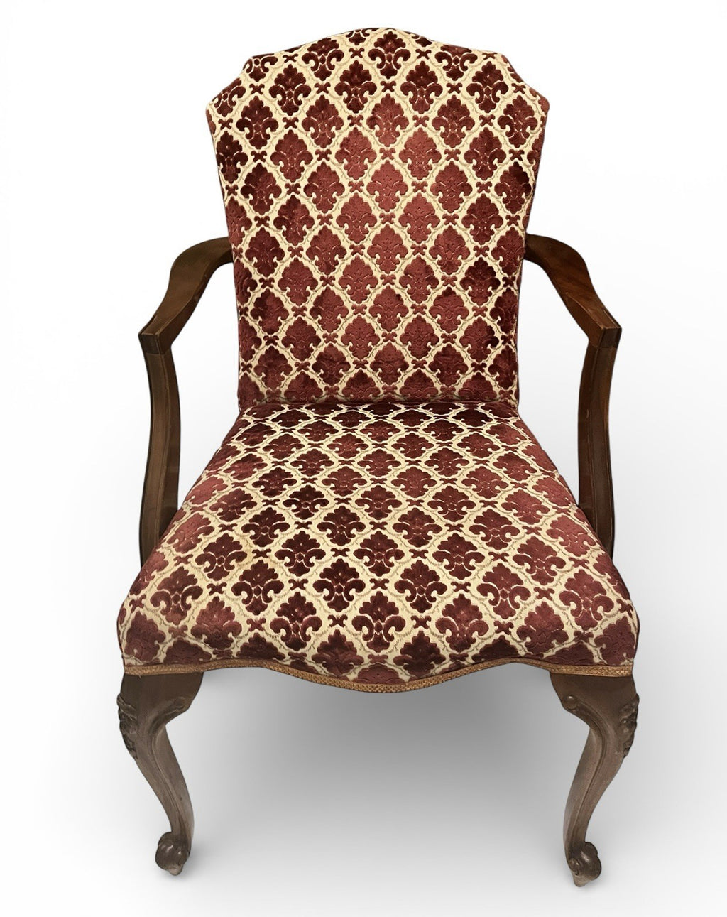 Antique Upholstered Armchair 93cm High 57cm Wide Red Pattern Fabric Wooden Frame
