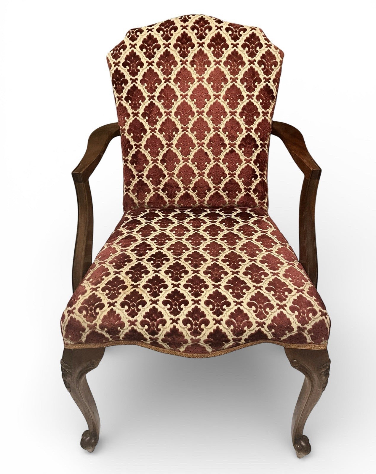 Antique Upholstered Armchair 93cm High 57cm Wide Red Pattern Fabric Wooden Frame