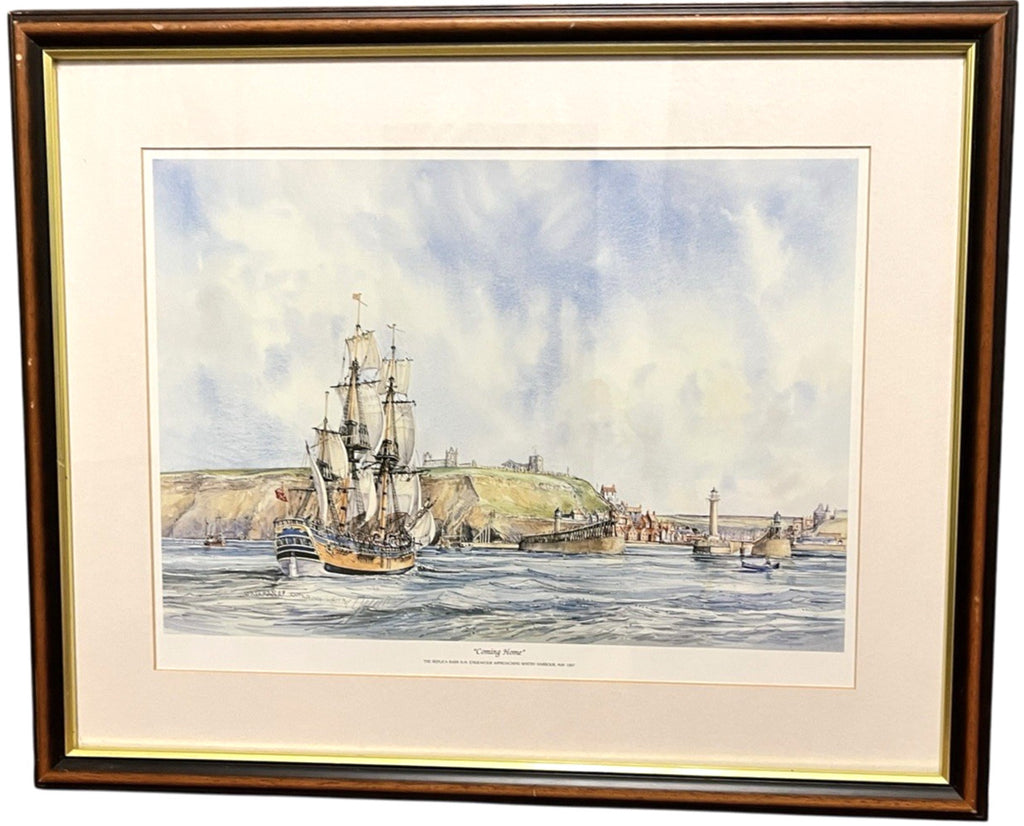 Whitby Endeavour “Coming Home” Maritime Framed Print – Nautical Coastal Wall Art