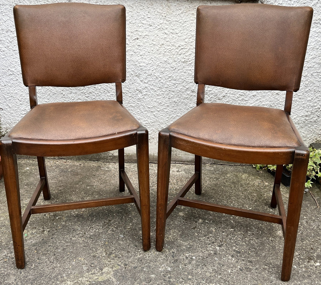Vintage Oak Dining Chairs Pair Camel Vinyl Upholstered