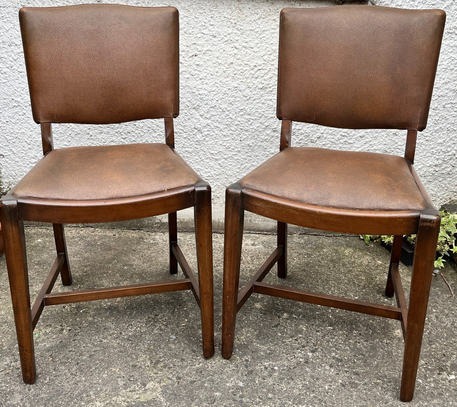 Vintage Oak Dining Chairs Pair Camel Vinyl Upholstered