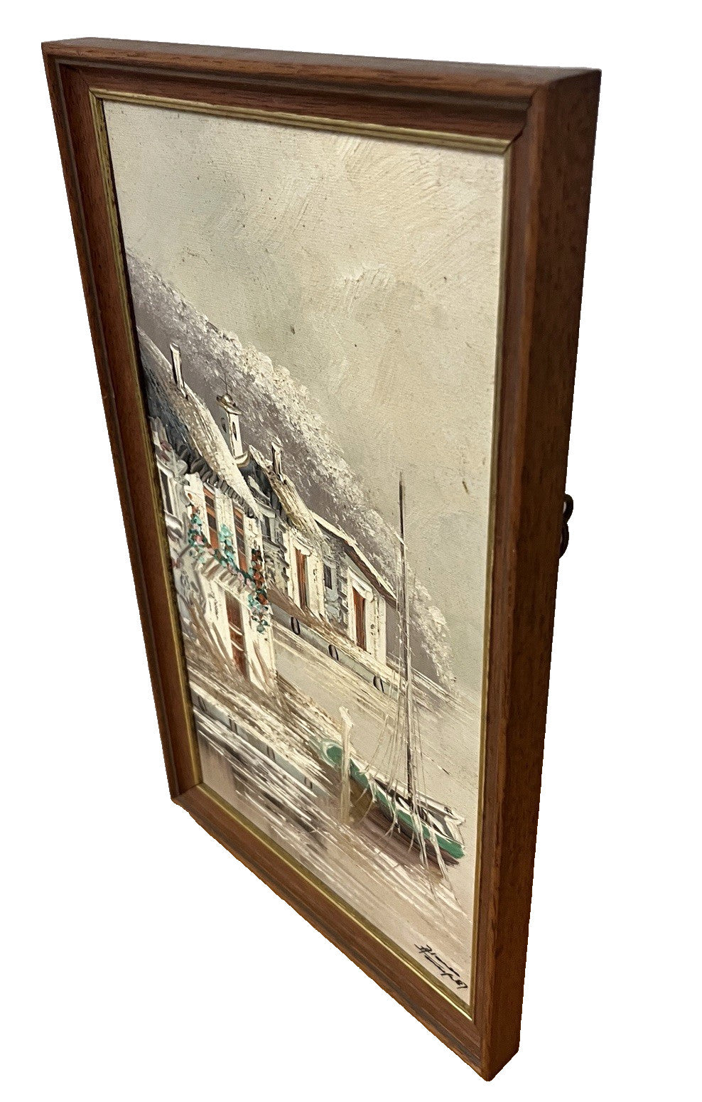 Signed Alonso ’87 Oil Painting Seaside Village Boat Scene Framed 22×36cm