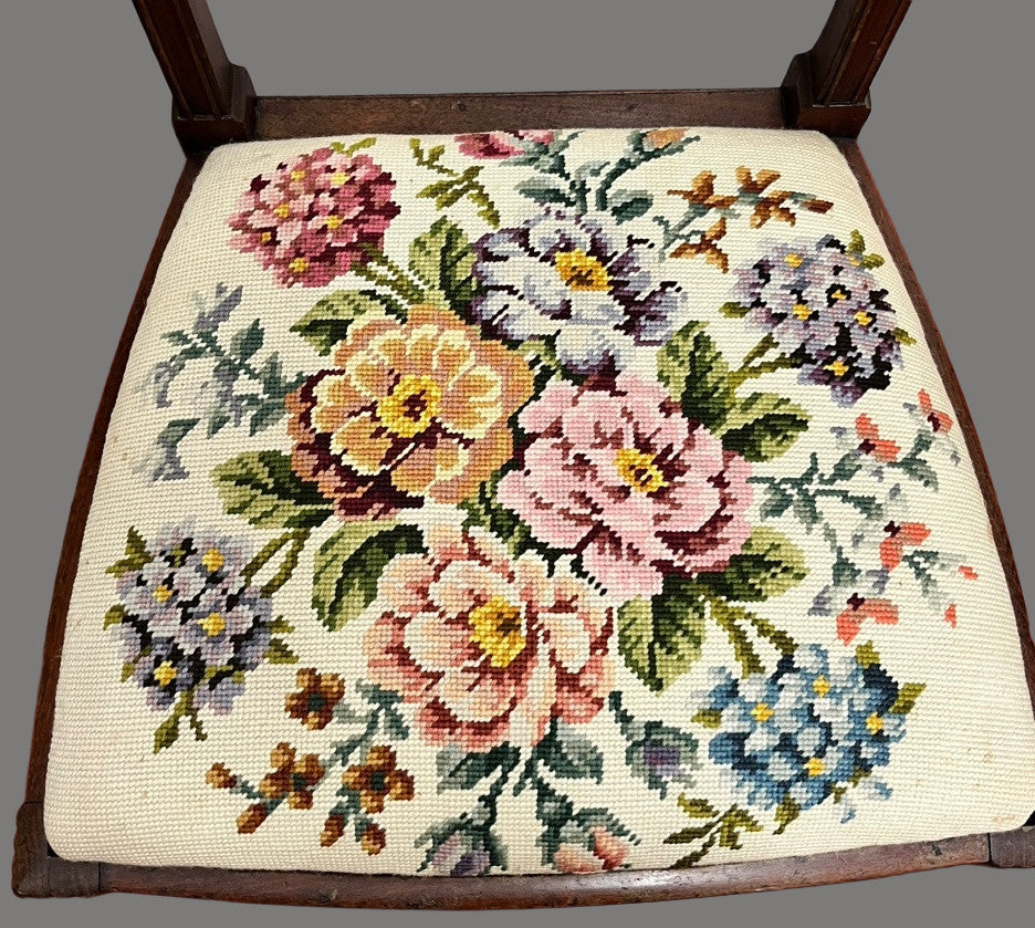 Vintage Wooden Dining Chair Upholstered Needlepoint Seat 88cm