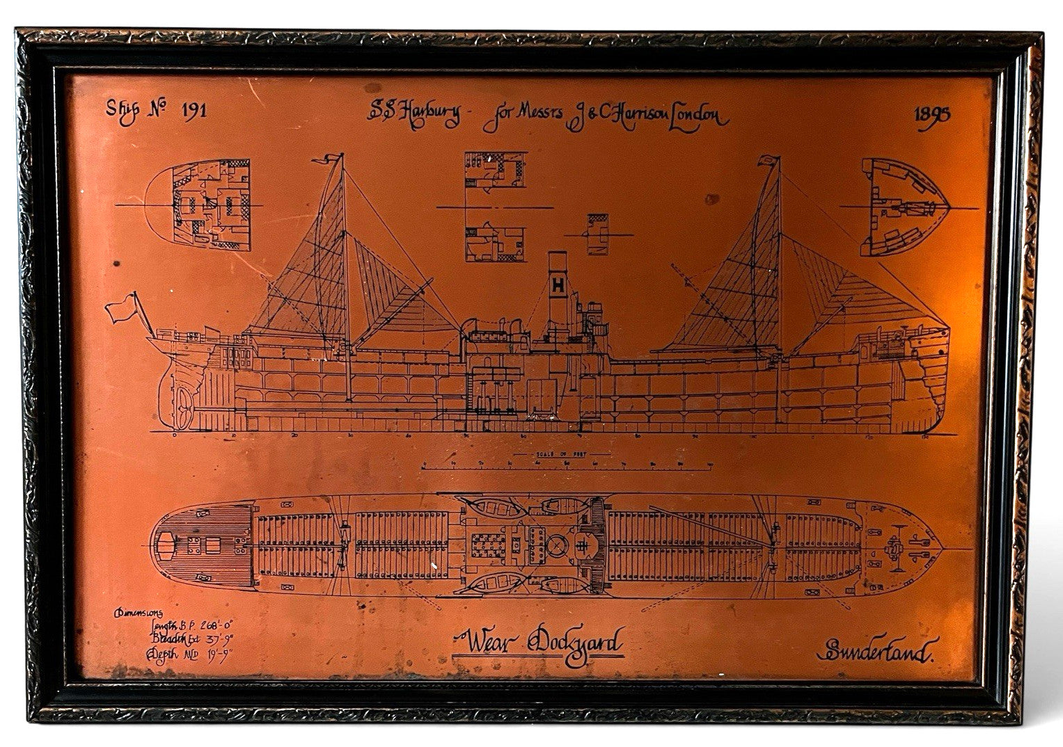 Antique Copper Engraving Ship Plan “S.S. Harbury” Wear Dockyard 1895