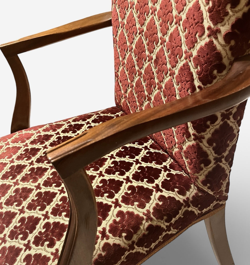 Antique Upholstered Armchair 93cm High 57cm Wide Red Pattern Fabric Wooden Frame