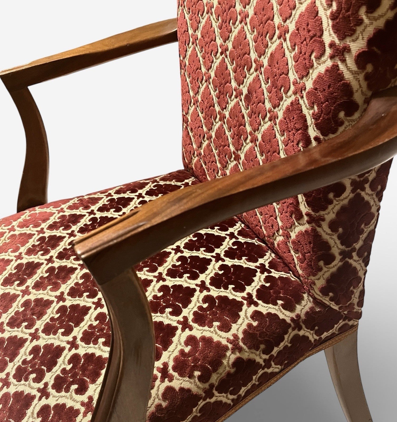 Antique Upholstered Armchair 93cm High 57cm Wide Red Pattern Fabric Wooden Frame