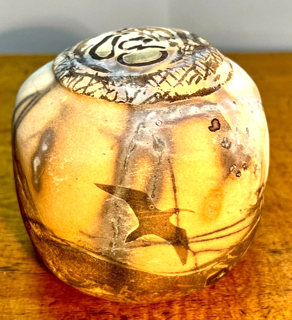 Raku Studio Pottery Cube Sculpture Bird Motif Smoke Fired Art Pot 10cm