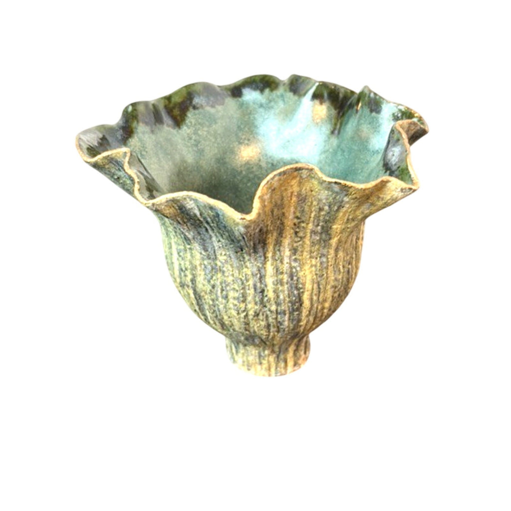 Signed Vintage Handmade Ikebana Handkerchief Pottery Vase Green Sculptural