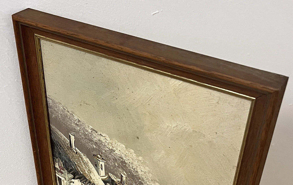 Signed Alonso ’87 Oil Painting Seaside Village Boat Scene Framed 22×36cm