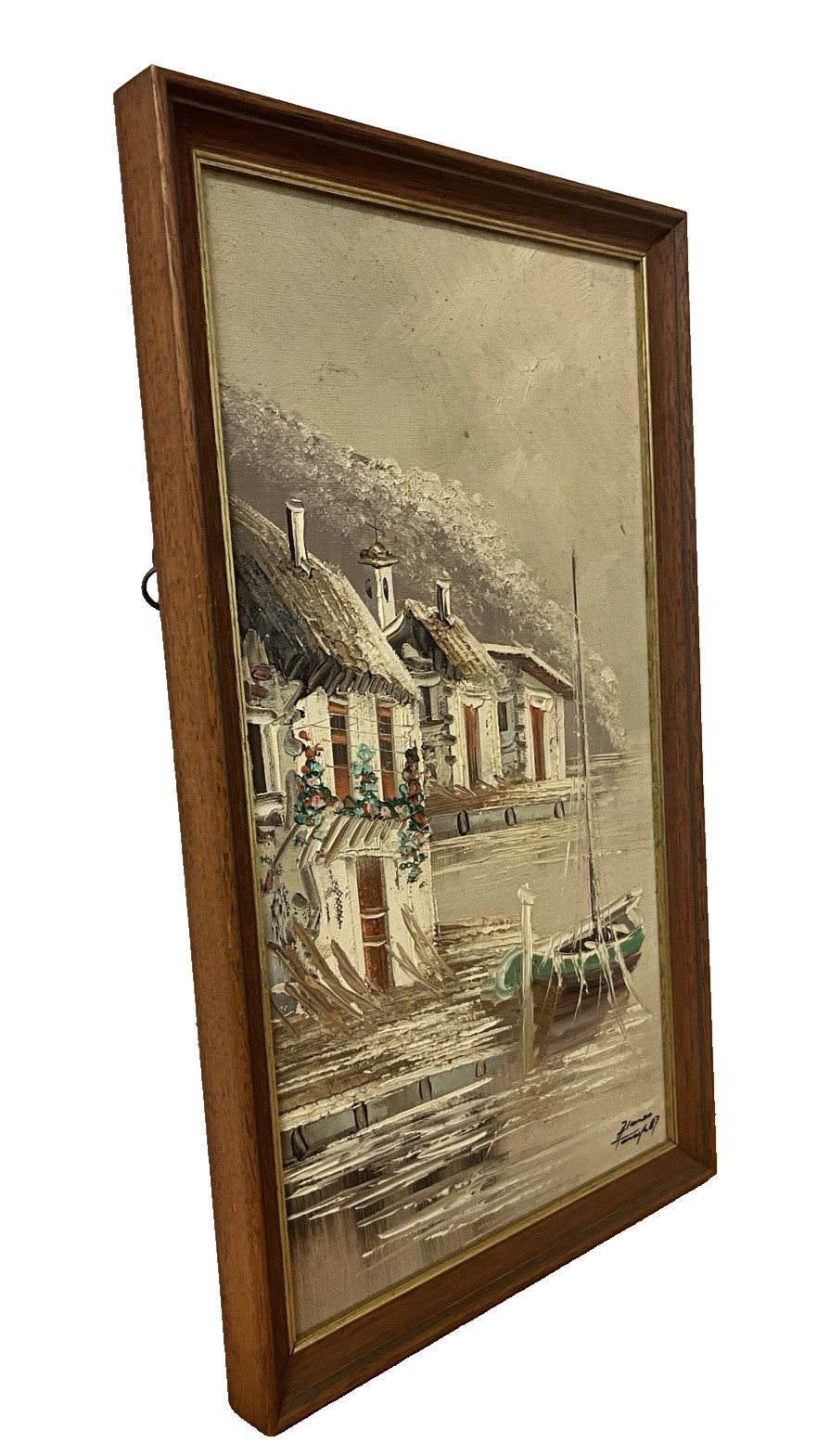 Signed Alonso ’87 Oil Painting Seaside Village Boat Scene Framed 22×36cm