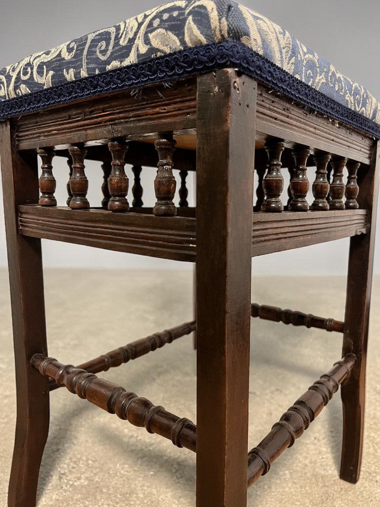 Vintage Upholstered Stool Wooden Frame Turned Legs Spindle Detail 54cm Height