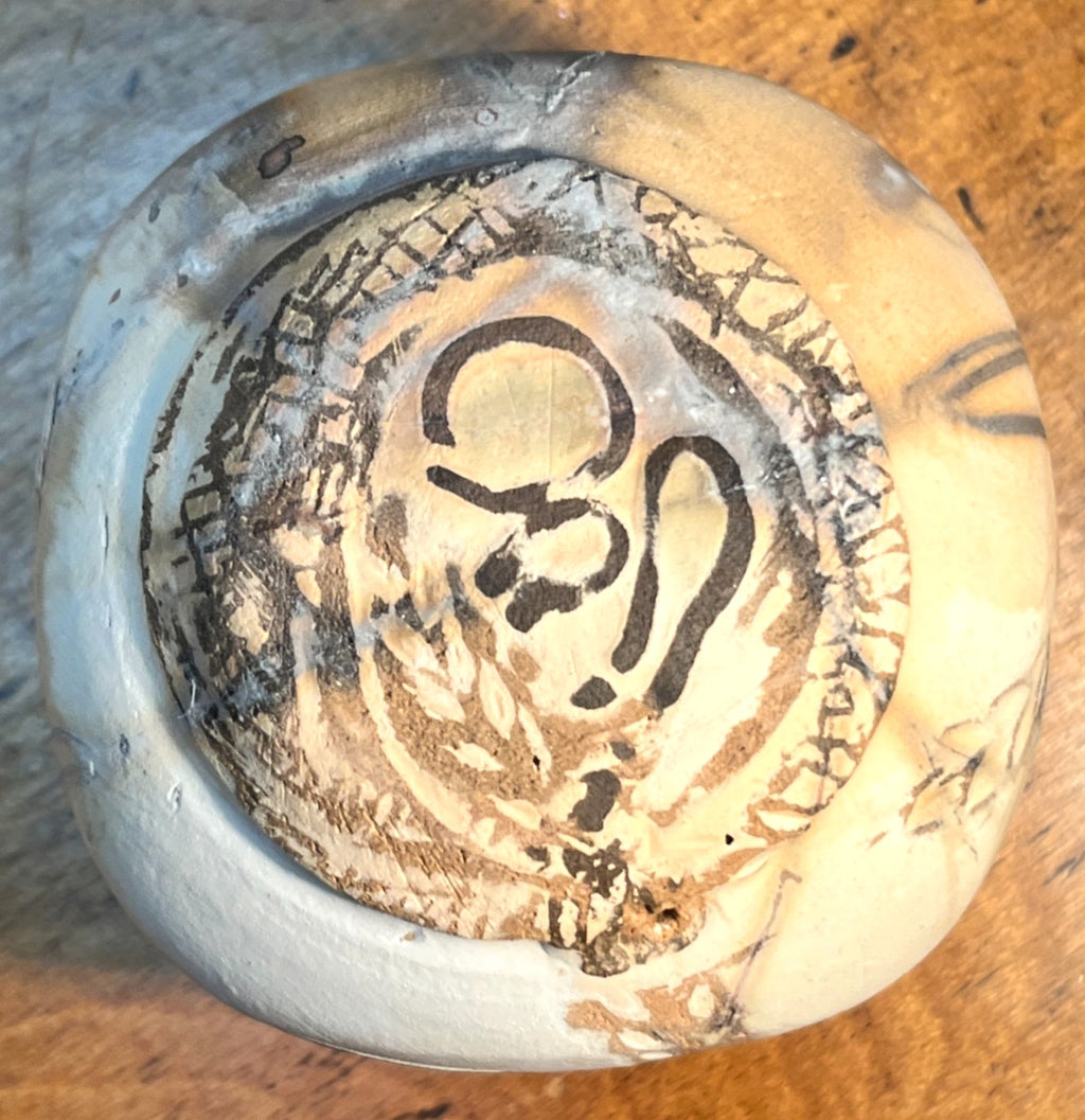 Raku Studio Pottery Cube Sculpture Bird Motif Smoke Fired Art Pot 10cm